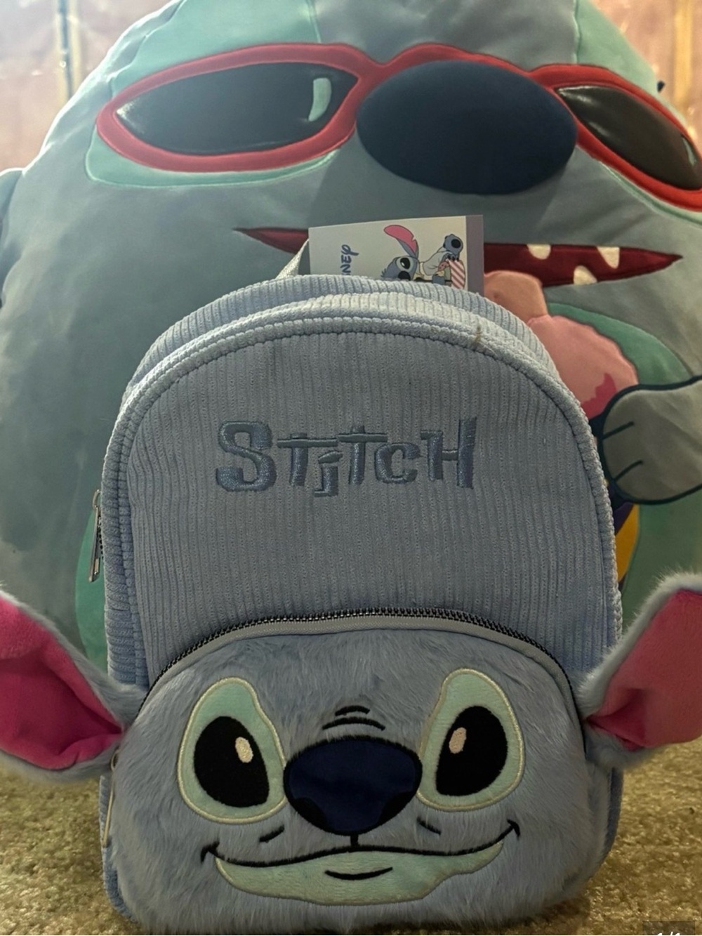 Disney Light Blue Stitch Plush Backpack with Pink Ear Accents